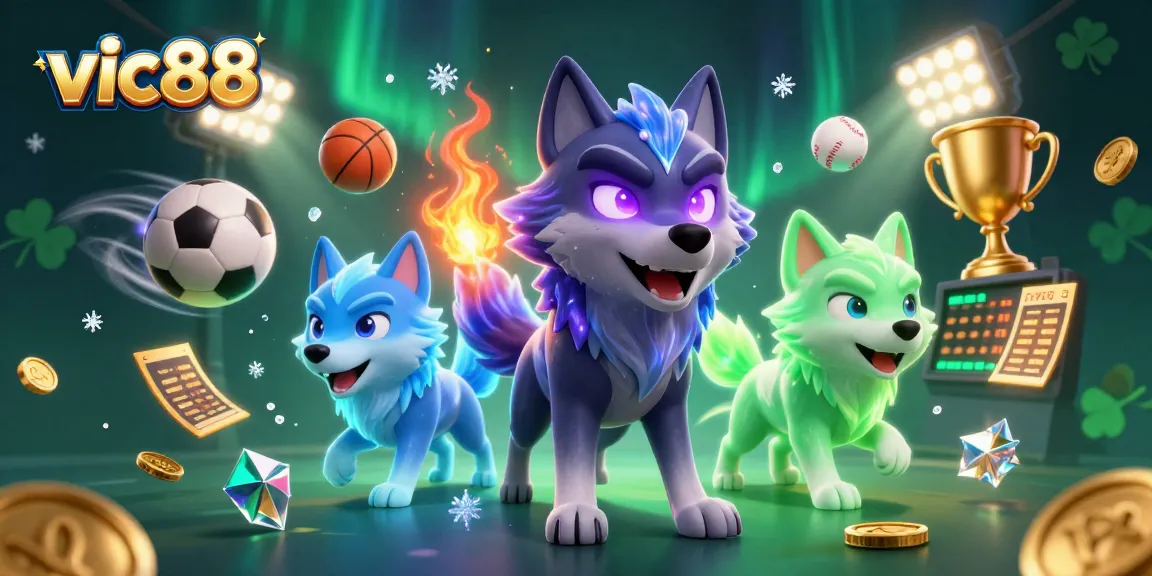 Vic88 showcases a thrilling casino scene with dynamic sports betting action and glowing characters.