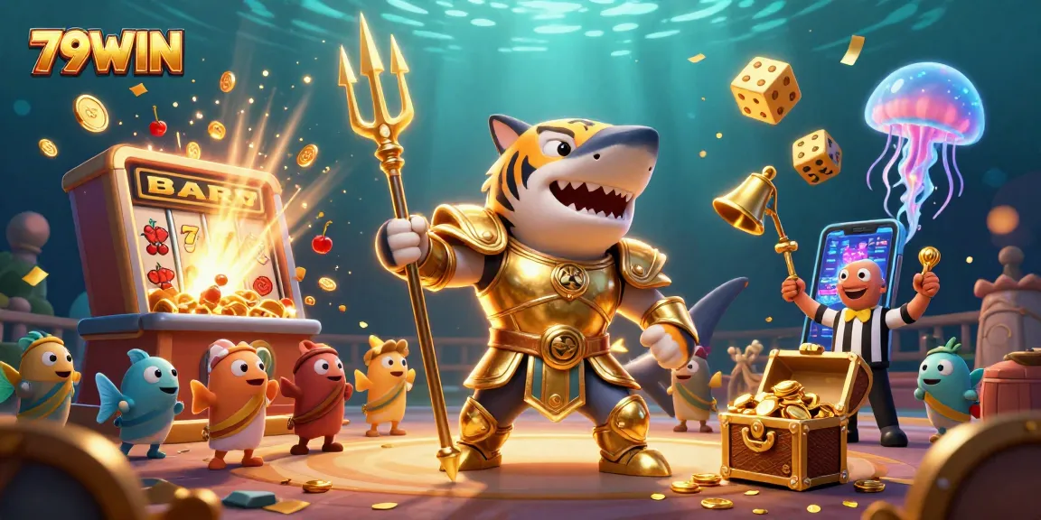 Engage with thrilling gameplay at 79WIN's underwater colosseum featuring a dynamic tiger shark champion.