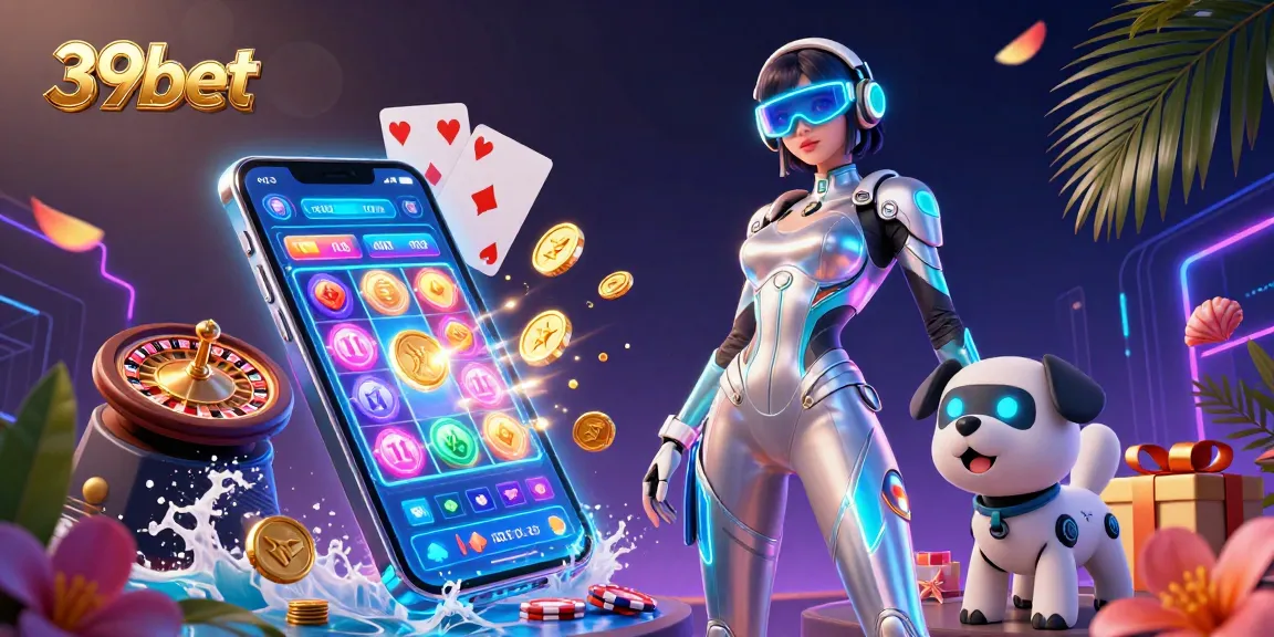 Experience the thrill of 39bet with a stunning 3D illustration showcasing exciting casino elements and a holographic interface.
