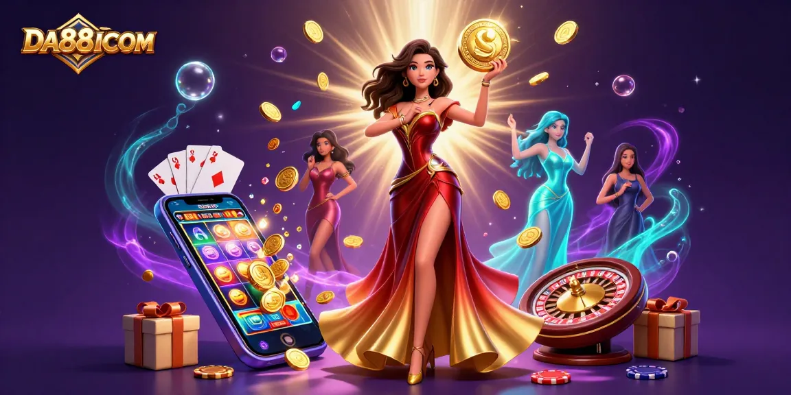 Experience the thrill of DA88VICOM with an engaging digital illustration depicting a stunning Asian woman with golden coins and vibrant casino elements.