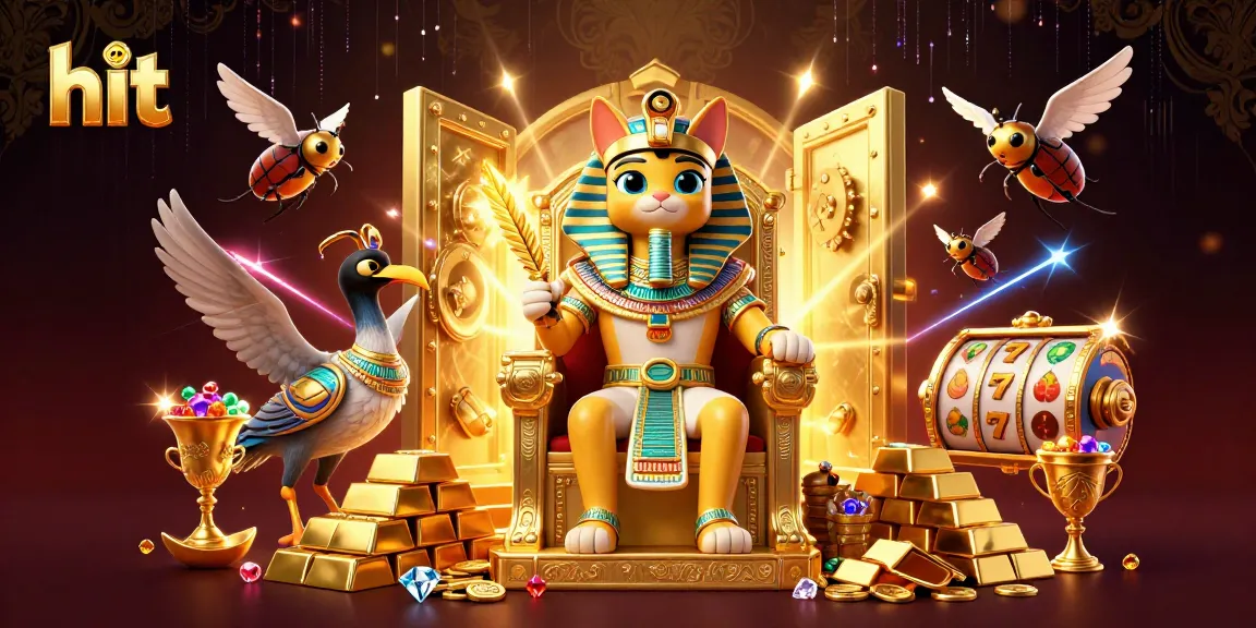 Hit vibrant games with an Egyptian-themed cat character at a casino, showcasing jewels and excitement.