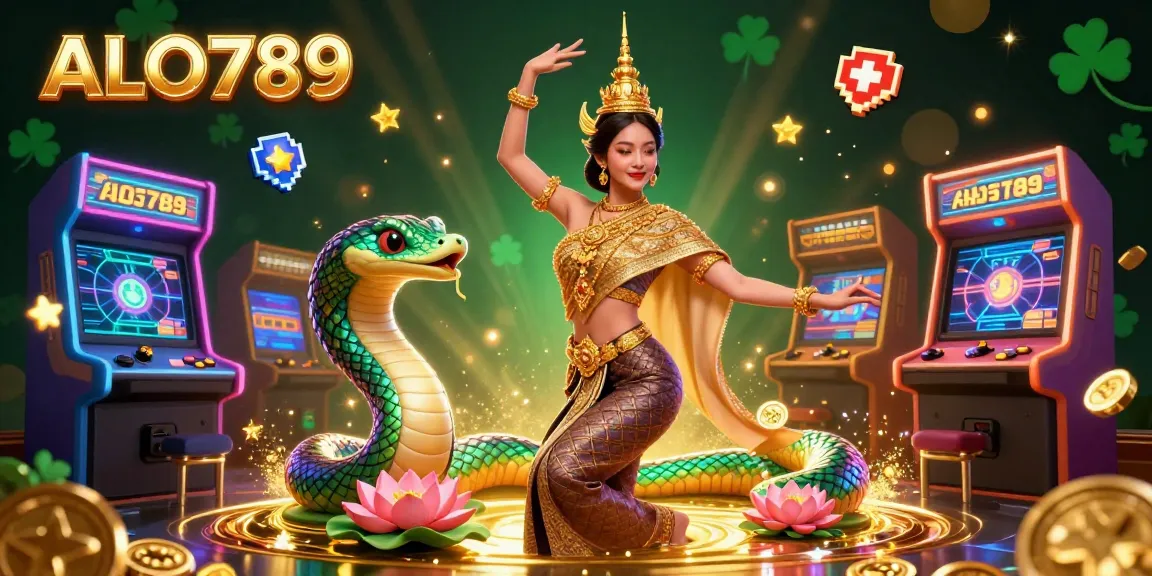 Experience ALO789's vibrant gaming atmosphere with a detailed 3D scene featuring traditional Thai elements and casino games.