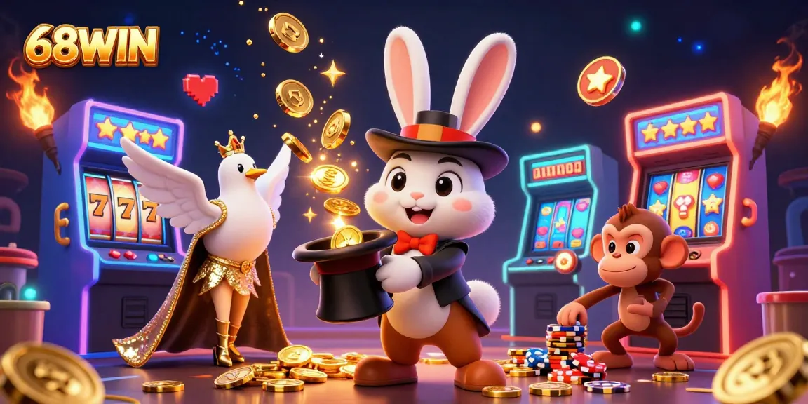 Experience thrilling wins at 68WIN with a magical scene of a rabbit pulling coins and lively game elements.