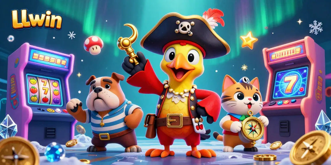 LLwin engages players with colorful slot elements and adventurous characters in an exciting casino illustration.