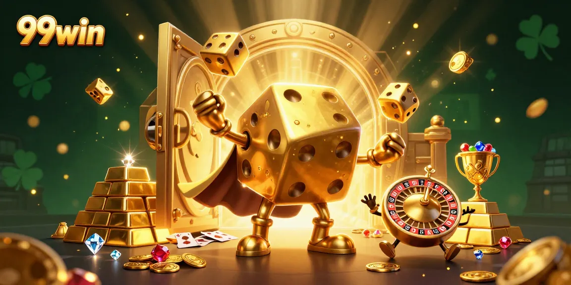 Engage with 99win's thrilling gaming action featuring golden dice and treasure.