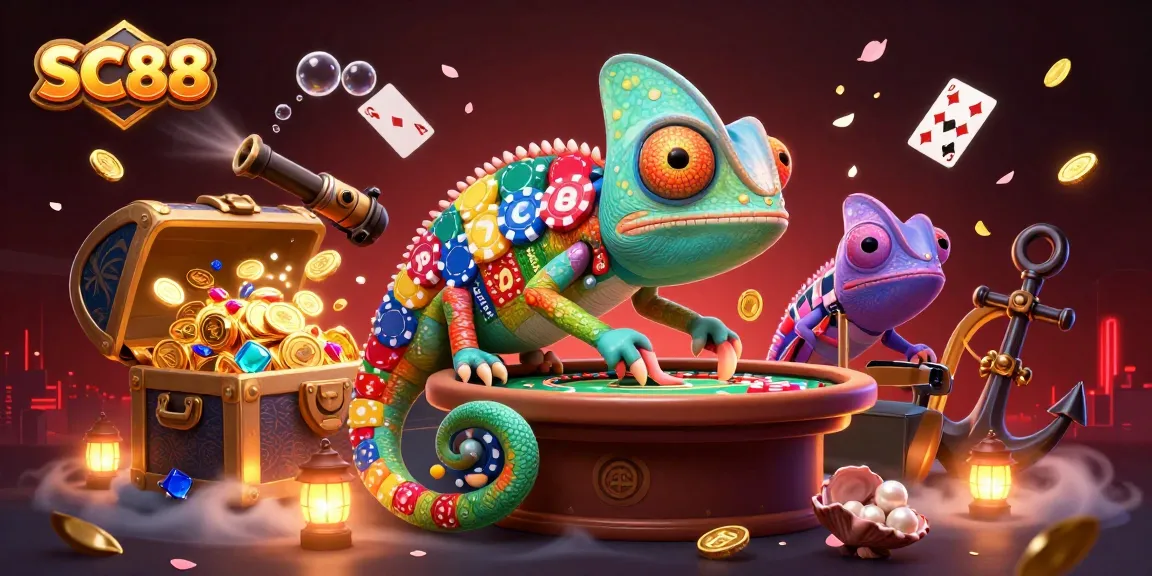 SC88 chameleon owner collects coins amidst a vibrant online casino scene, showcasing colorful game elements.