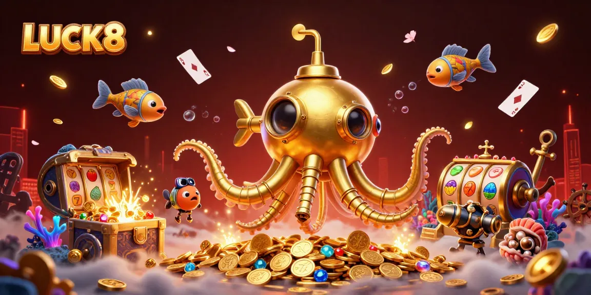 Experience big wins with LUCK8 in a vibrant 3D casino scene filled with slots, gold coins, and action.