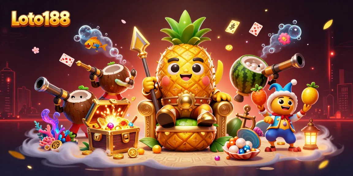 Loto188 showcases a vibrant 3D illustration of the golden pineapple king and casino elements, inviting players to join in.