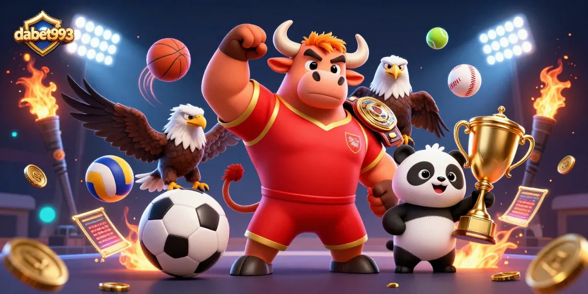 Dabet993 showcases a triumphant casino scene with a bull mascot, eagle, and panda celebrating online gaming.