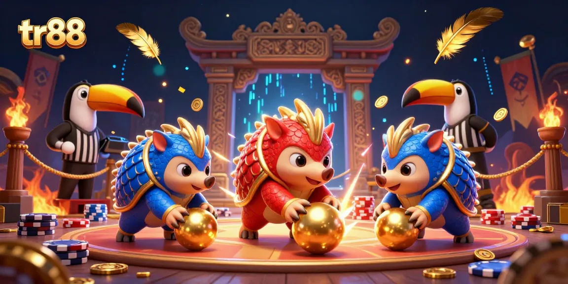 tr88 pangolins engaged in a lively casino competition, rolling through poker chips and golden balls