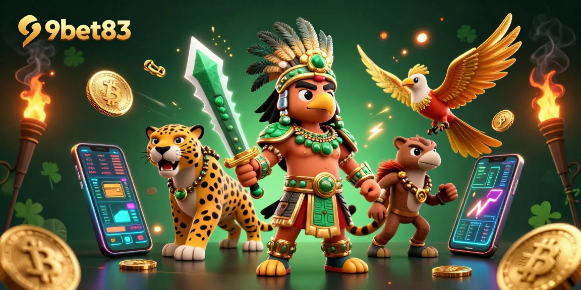 Experience winning at 9bet83 as Aztec warriors celebrate casino jackpots surrounded by neon crypto elements.