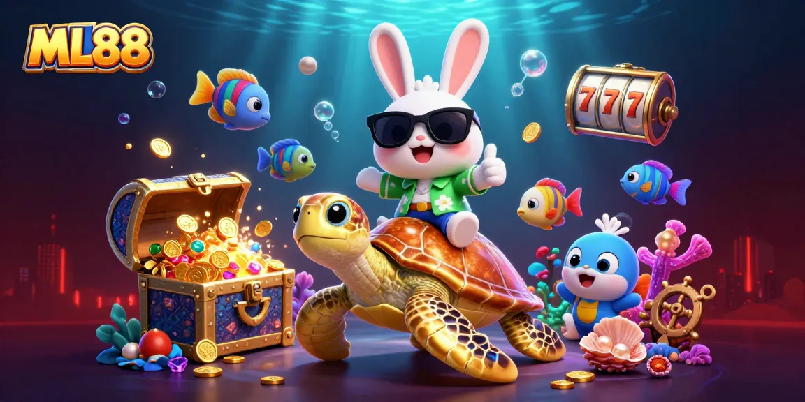 Engage with ML88's vibrant casino world featuring a lucky rabbit and golden turtle in a dynamic game scene.