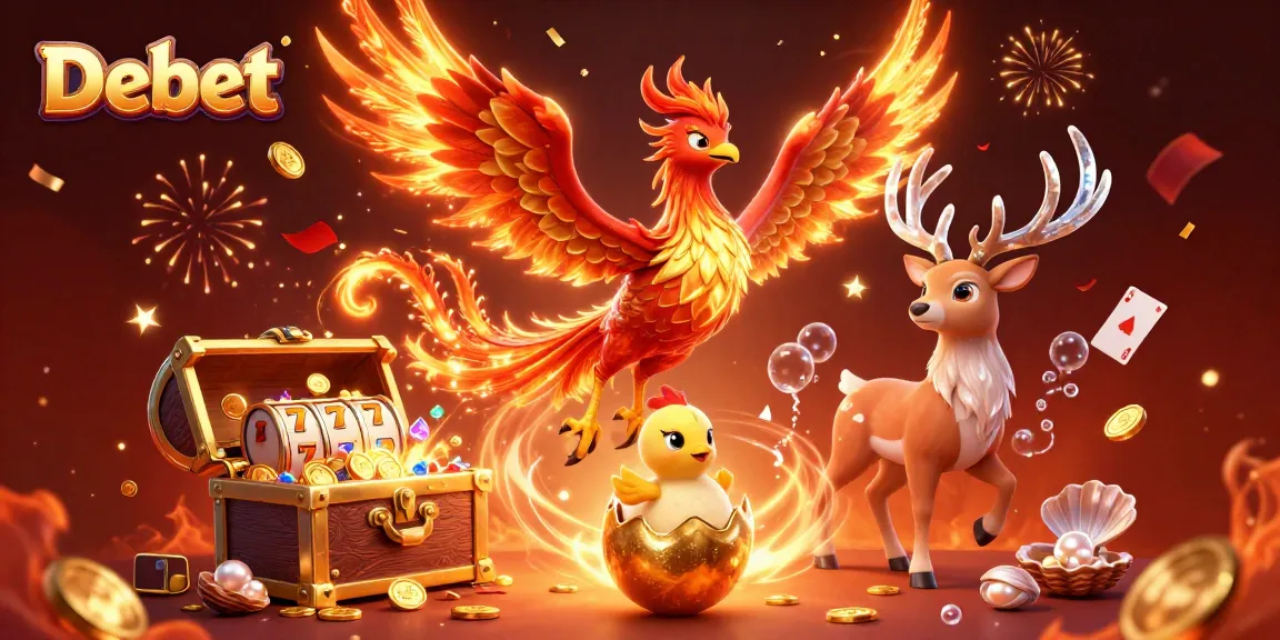 Experience Debet's thrilling casino adventure with a soaring phoenix and vibrant game elements.