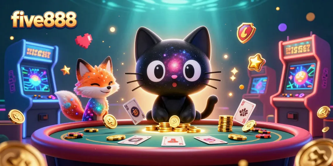 Experience gaming excitement at five888 with a cosmic casino scene featuring whimsical characters and vibrant elements.