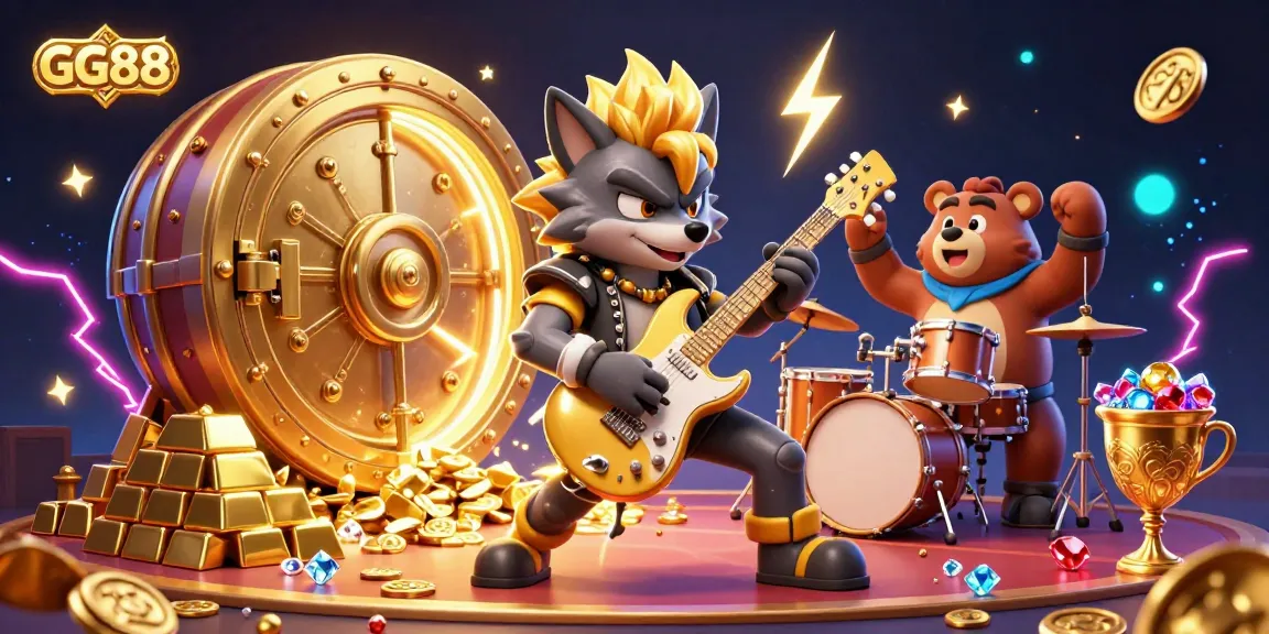 Experience GG88's thrilling casino atmosphere with a rock star wolf and drummer bear amidst treasures and dynamic effects.