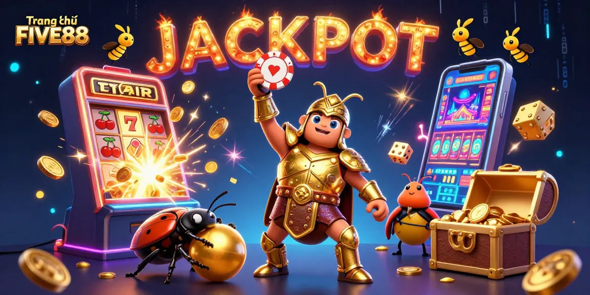 Experience the excitement of Trang chủ FIVE88 with a dynamic 3D illustration showcasing gaming wins and jackpots.