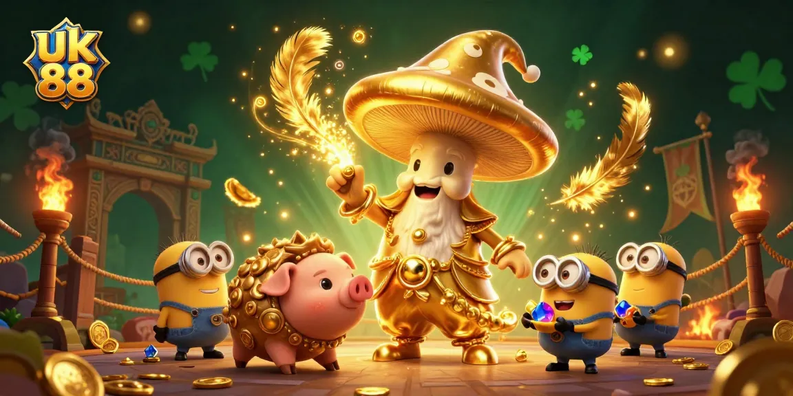 Win big at uk 88 with 3D illustrations of a magical wizard, treasure pig, and gaming elements.