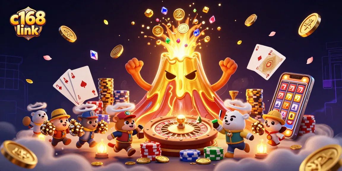 Cascading gold coins and lively characters showcase the thrilling action of c168 link's online casino experience.
