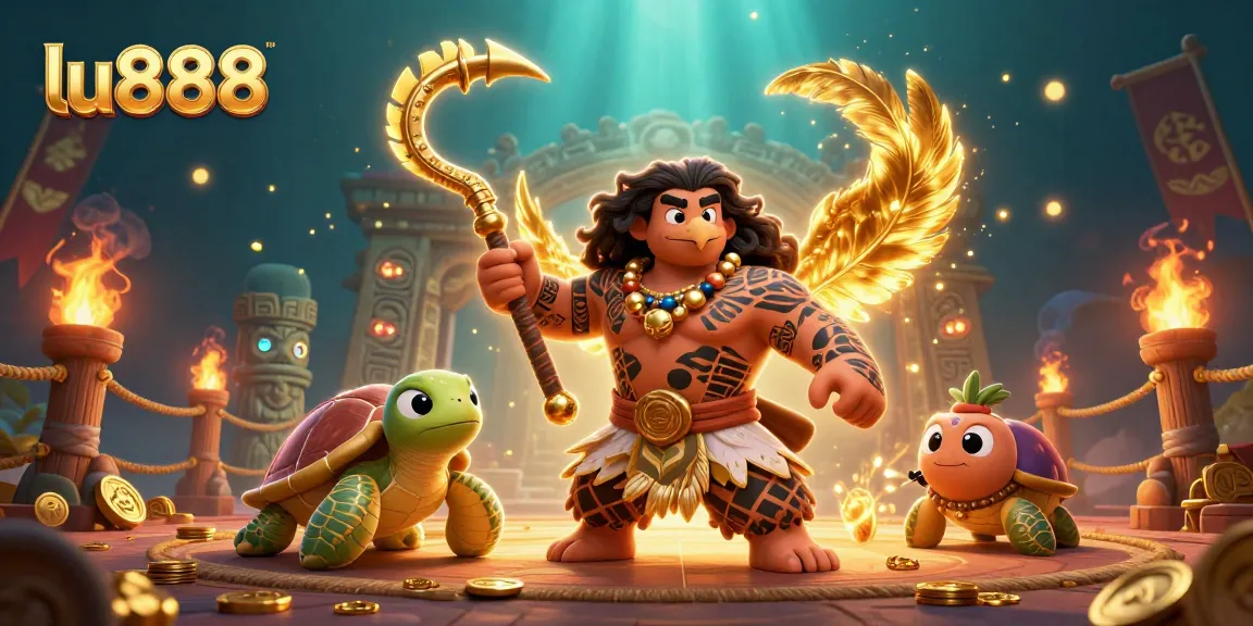 Join the adventures at lu888 with a vibrant illustration featuring a demigod and a turtle in a rich casino environment.