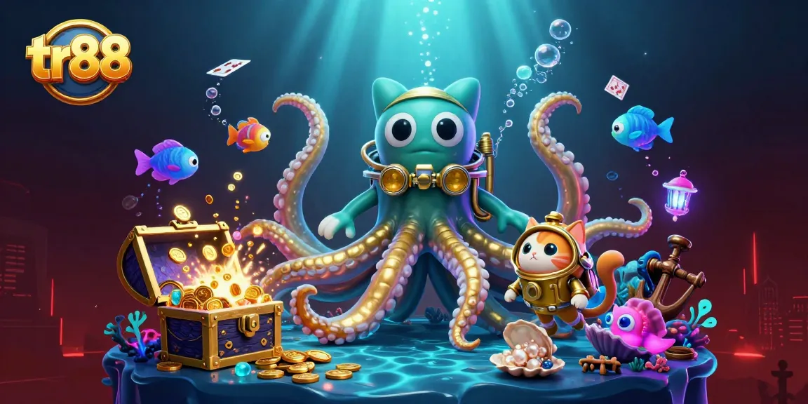 Engage in thrilling tr88 gambling with a colossal kraken and a vintage diving cat amidst shimmering treasures.