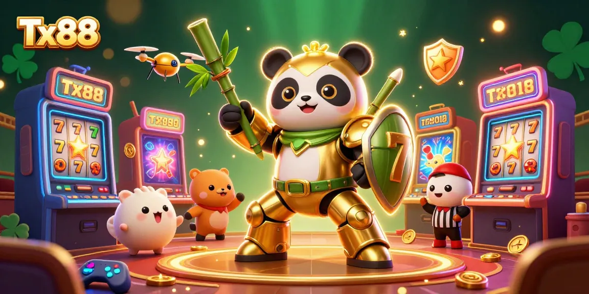 Experience thrilling gameplay with Tx88 at a vibrant casino, featuring animated characters and classic slot elements.