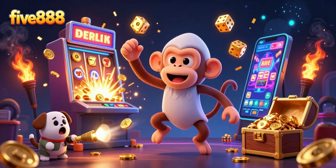 Experience the magical world of five888 as a mischievous monkey juggles golden casino treasures.