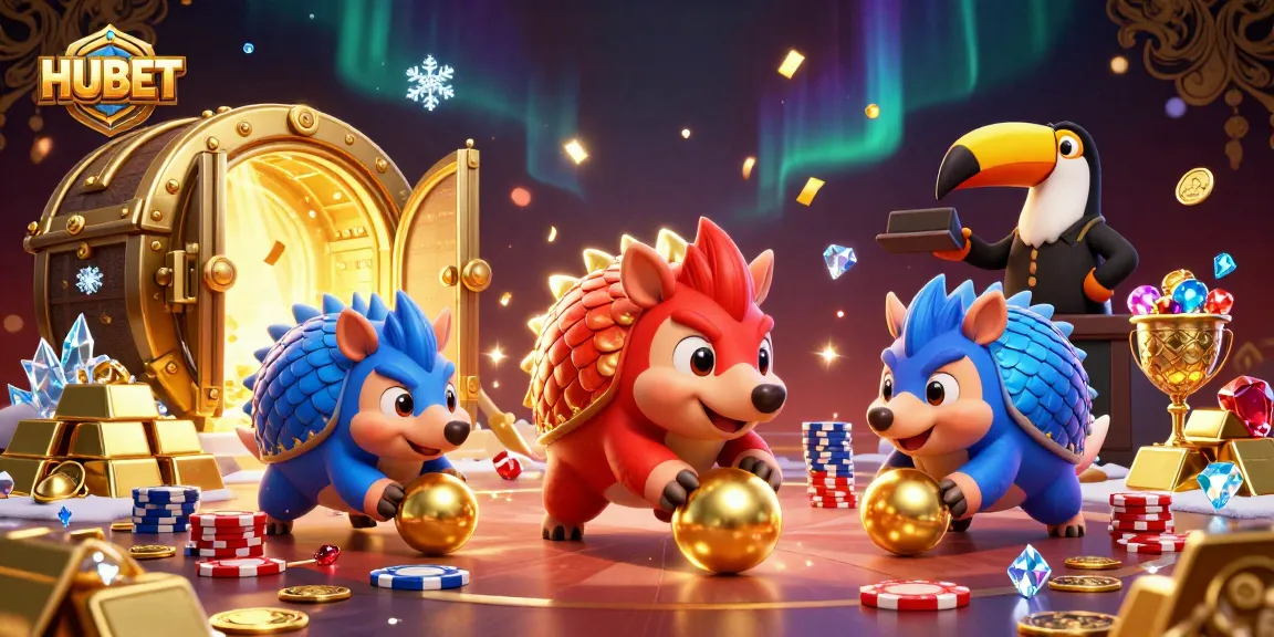 HUBET pangolins roll into golden balls, showcasing vibrant casino action with colorful gems.