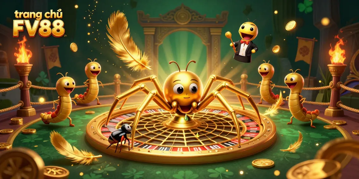 Engage in a lively casino atmosphere at trang chủ FV88 with a golden spider, roulette wheel, and vibrant betting action.