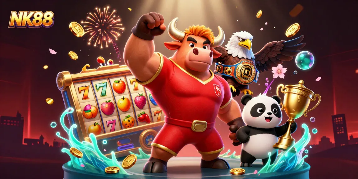 Experience the winning excitement of NK88 with vibrant slot games in action surrounded by festive gaming elements.