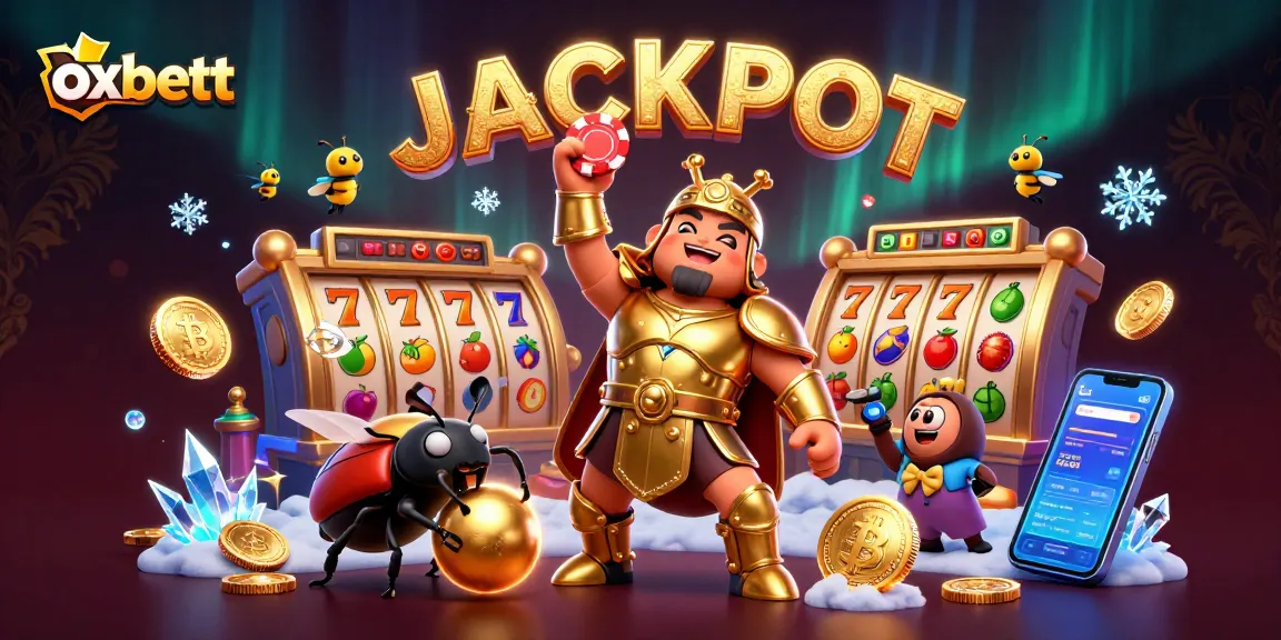 Engage with oxbett's dynamic gambling experience featuring a victorious beetle, crypto coins, and jackpot symbols.
