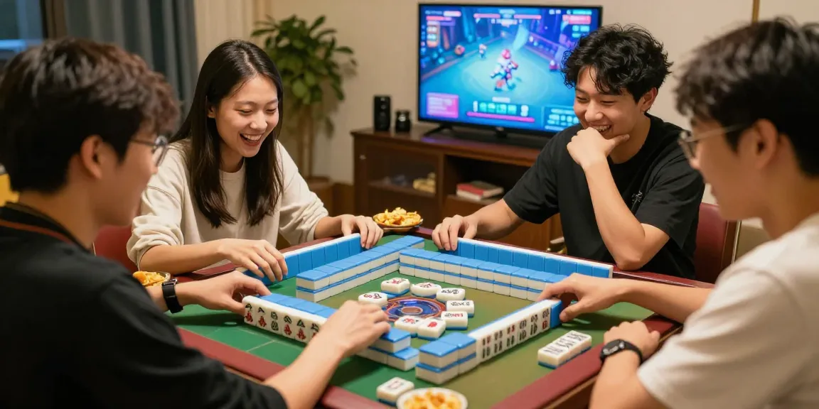 Friends enjoying a lively game at https://hm88.cafe/ with vibrant Mahjong tiles and snacks.