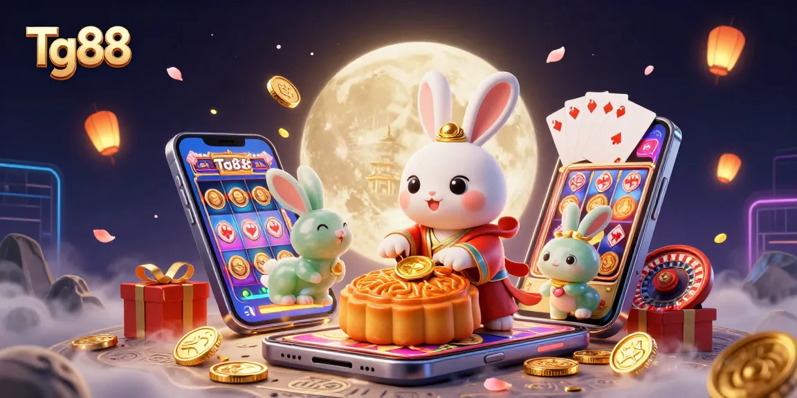 Tg88 presents an exciting gambling scene with a moon rabbit revealing poker chips among casino elements.