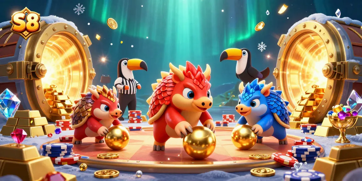 S 8 pangolins compete in a dynamic casino scene with confetti and poker chips.