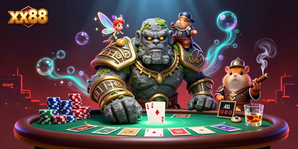 Experience thrilling gameplay at xx88 with a magical scene of a golem, fairy, and poker elements.