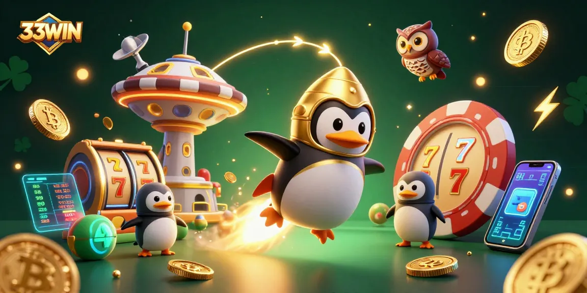 Engage with 33WIN through a vibrant 3D casino illustration featuring a golden penguin and thrilling gaming elements.