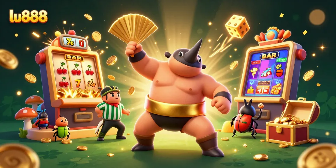 Experience the excitement of lu888 casino with a dynamic scene featuring a sumo beetle champion surrounded by flying slot symbols and golden coins.