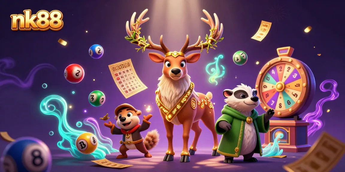 Engage with nk88 in a vibrant scene filled with animated lottery balls and gaming elements.