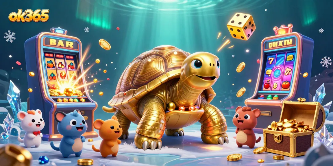 Spin to win at ok365 with exciting slot machines, golden tortoise, and colorful casino elements.
