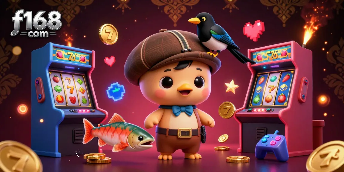 Engage with f168 com in a vibrant casino scene featuring cartoon-themed characters and slot game elements.