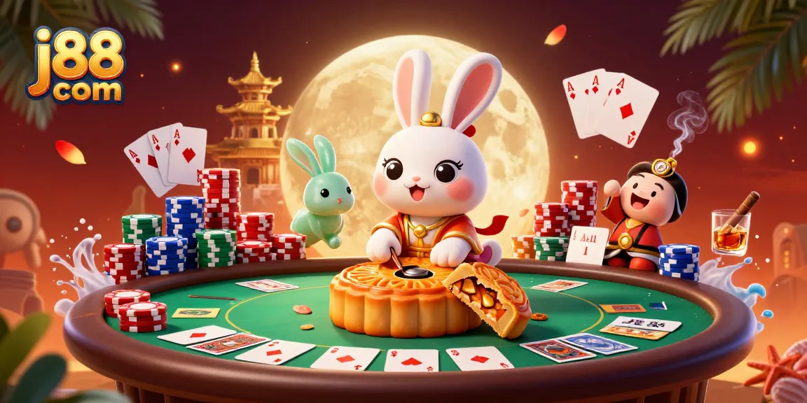Experience thrilling gameplay at j88 com with a vibrant casino scene featuring a moon rabbit and poker chips.