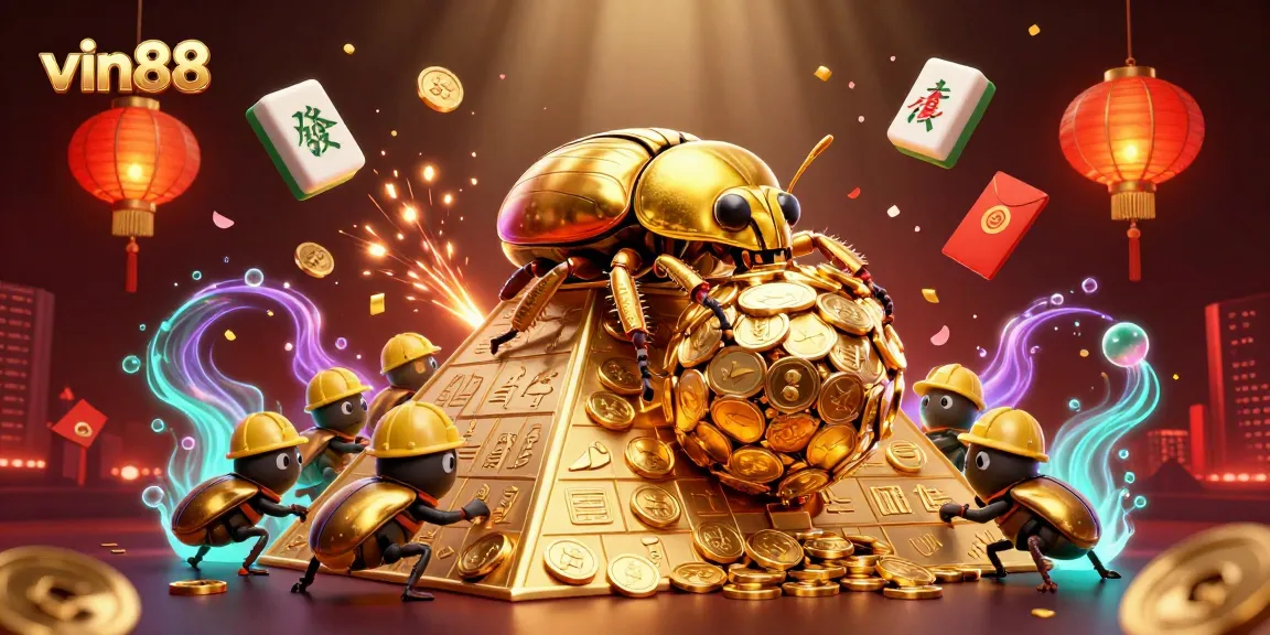 Experience the excitement of vin88 casino with an artistic display of golden beetles and casino symbols.