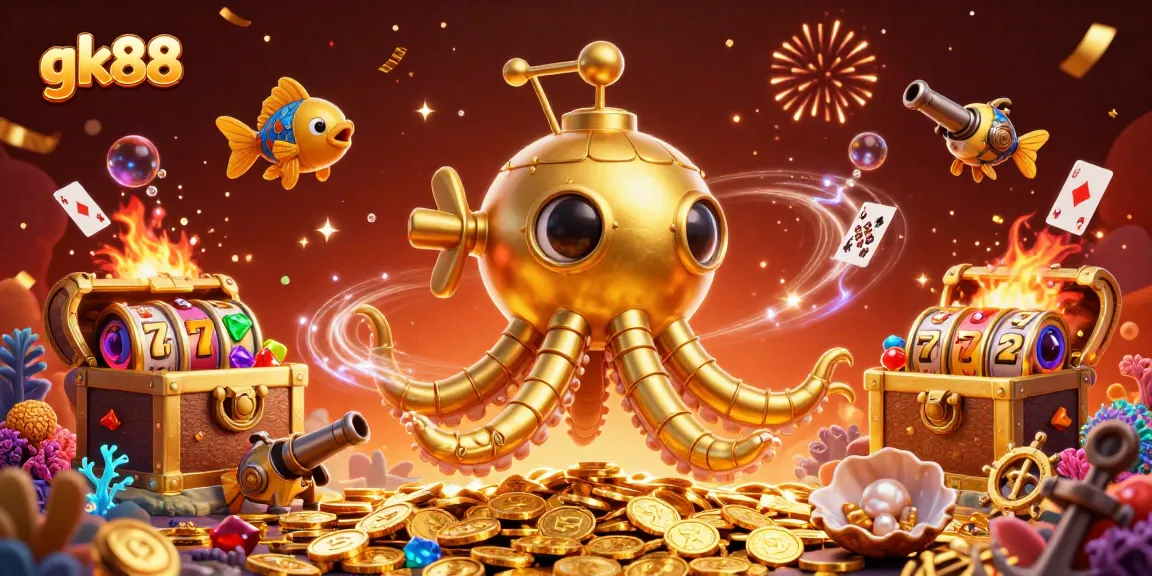 Play exciting casino games at gk88 with a vibrant underwater scene featuring a kraken and mechanical fish.