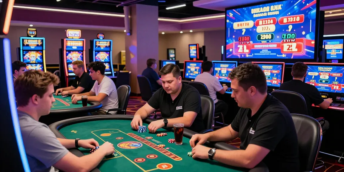 Exciting online gaming atmosphere at https://haywin.eu.com/ with players enjoying poker and slot machines under bright neon lights.