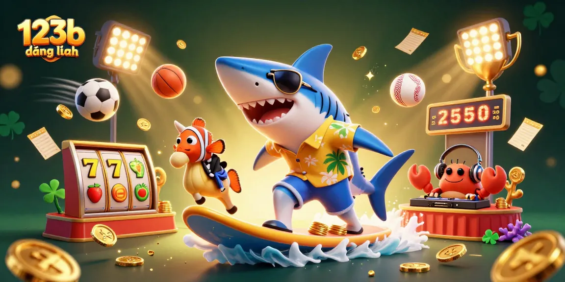 Join the excitement at 123b đăng nhập by surfing through gold coins in this vibrant casino illustration.