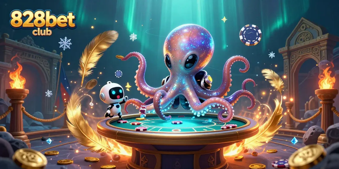 Engage with exciting poker action at 828bet club featuring a vibrant alien octopus and dynamic casino elements.