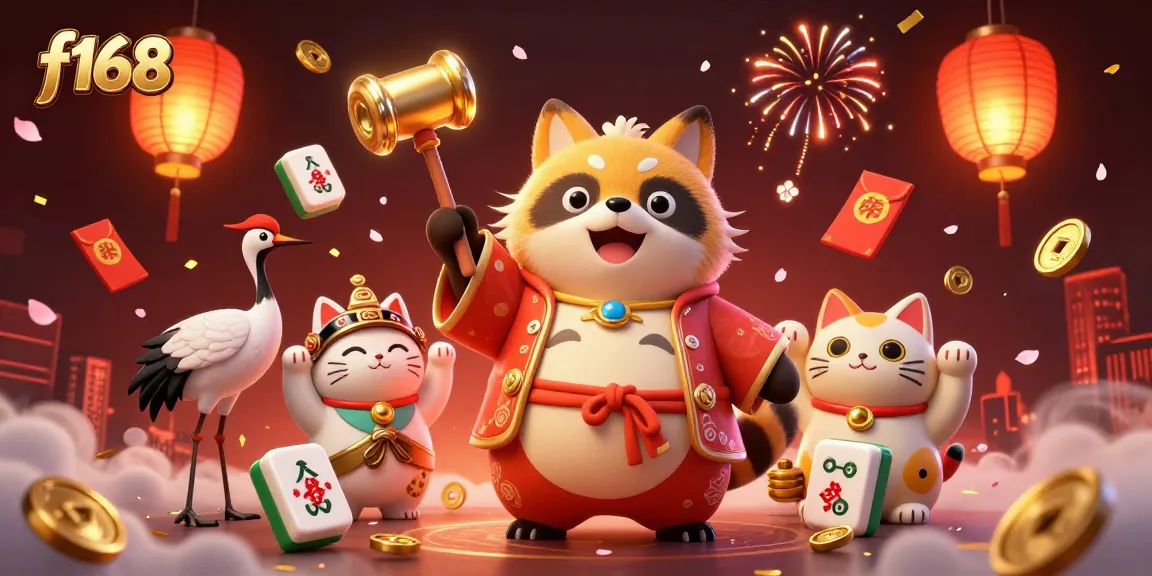 Engage with f168's vibrant casino scene featuring lucky tanuki, fortune cats, and festive elements.