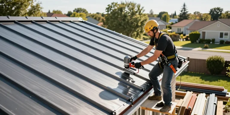 MRoof expert installing a durable metal roof on a house in a sunny residential neighborhood.