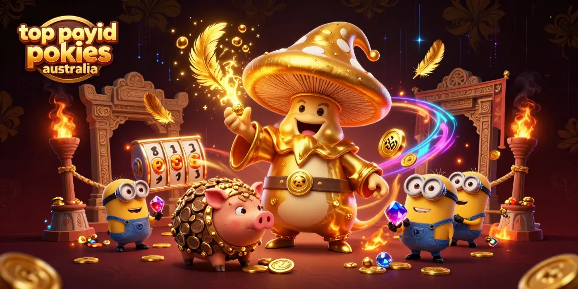 Engage in the top payid pokies Australia experience with an enchanting golden mushroom wizard illustration.