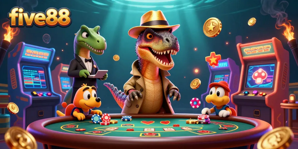 Experience vibrant action at five88's tables with a velociraptor, stegosaurus, and compy in a dynamic casino scene.