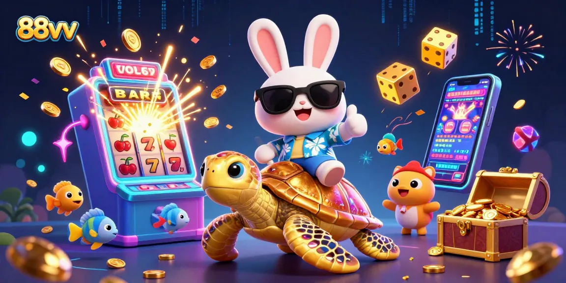 Spin and win at 88vv with lucky rabbit and golden sea turtle in a vibrant casino scene.